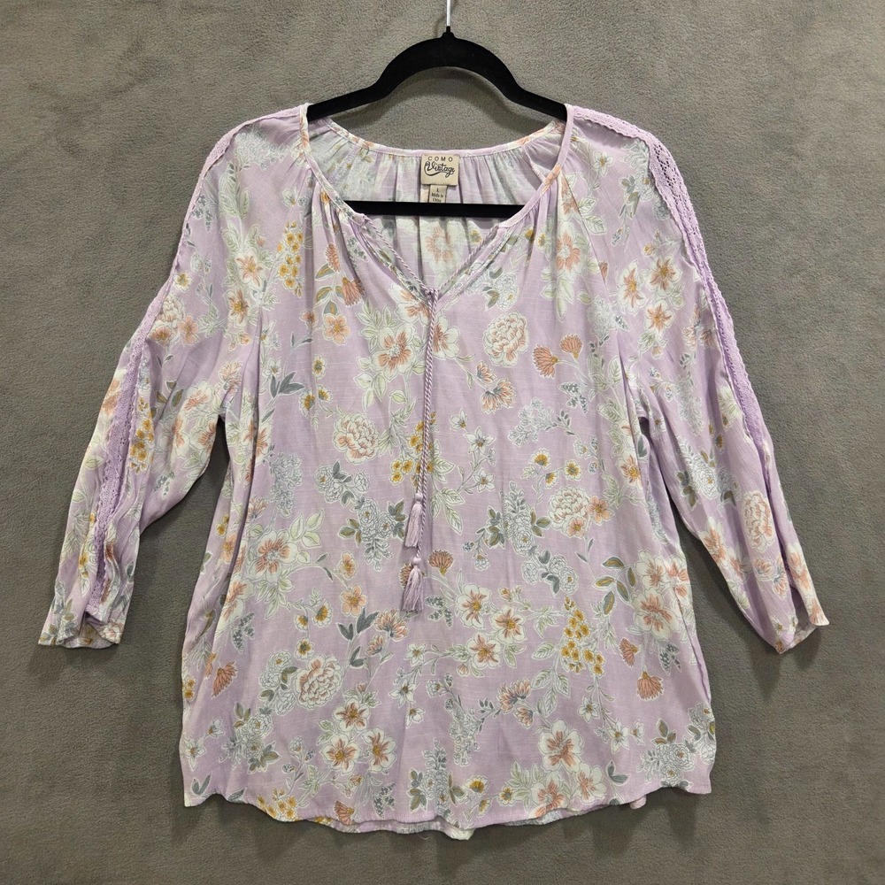Como Vintage Top Blouse‎ Womens Size Large Floral Boho Tassels Peasant Delicate